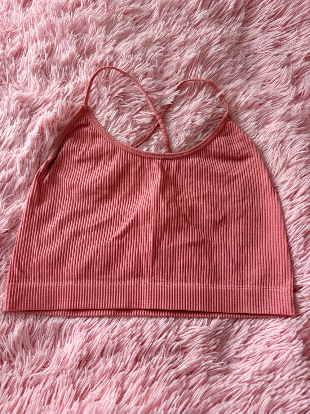 Colsie Ribbed Spaghetti Strap Crop Top in Coral Pink